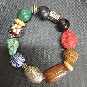 Eclectic Artisan Beaded Stretch Bracelet Cloisonné Agate Turquoise